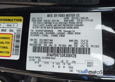2013 Ford Fusion Se из США, поврежденный, VIN 3FA6P0H75DR308428